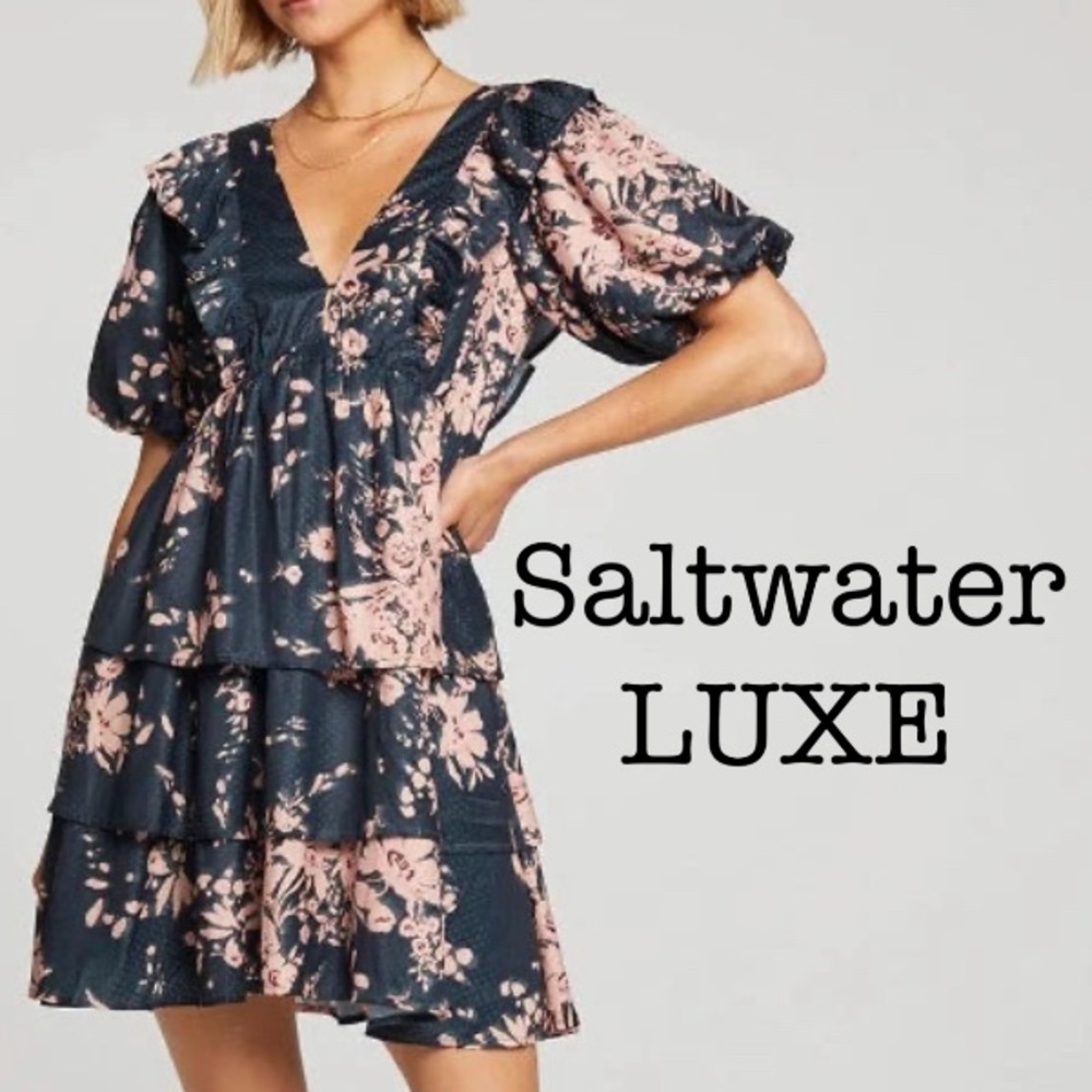 Saltwater Luxe Kasha Navy and Pink Ruffle Mini Dress Size Small